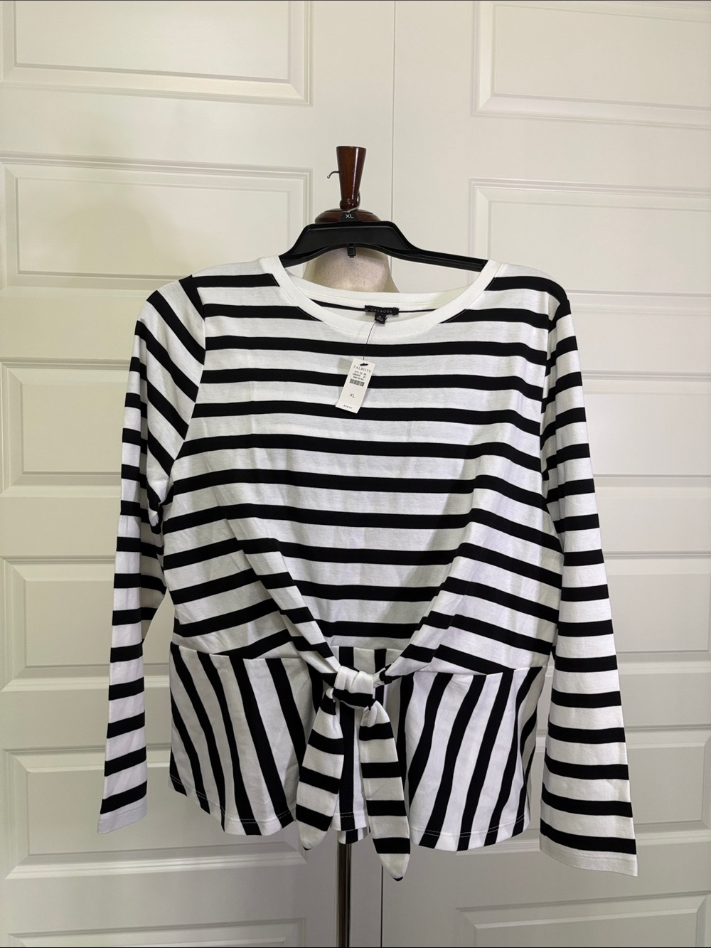 Talbots Black & White Striped Tie-Front Long Sleeve Top